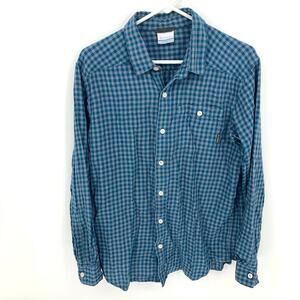Columbia Men's Gingam Blue Gray Long Sleeve Cotton Button Up Size Medium